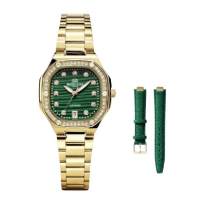 Roscani ROSWE615G7 Green Dial 30X30MM Gold Stainless Steel Strap + Free Leather Strap Analog Women Watch